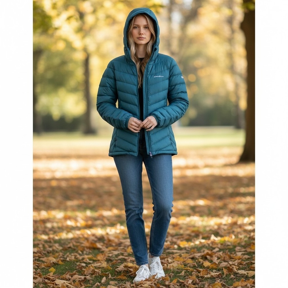 Eddie Bauer Microlight Packable Down Hooded Puffer Jacket Blue Women 2XL ELJ0707